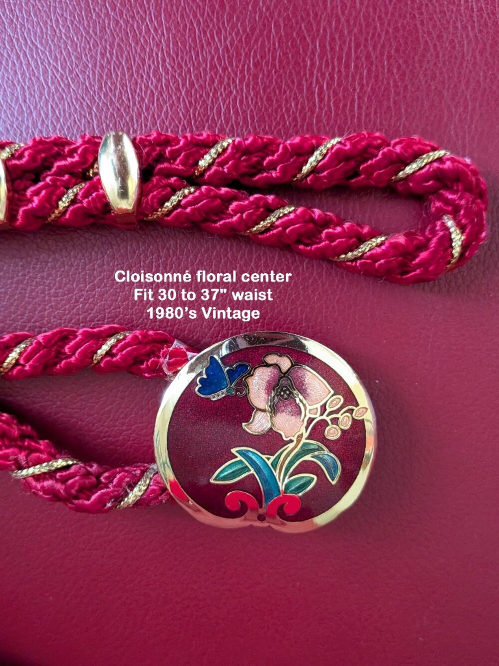 Braided 2 strand red & gold stretch belt, Cloisonné floral clasp, Fit 30 to 37"